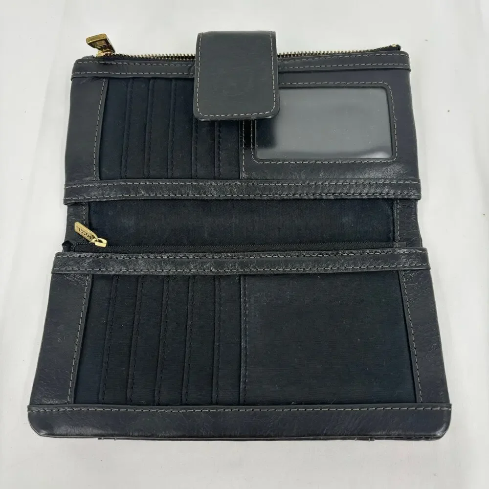 Fossil Folding Wallet Black Leather ID‎ Window Credit Card Coin Zip Pocket